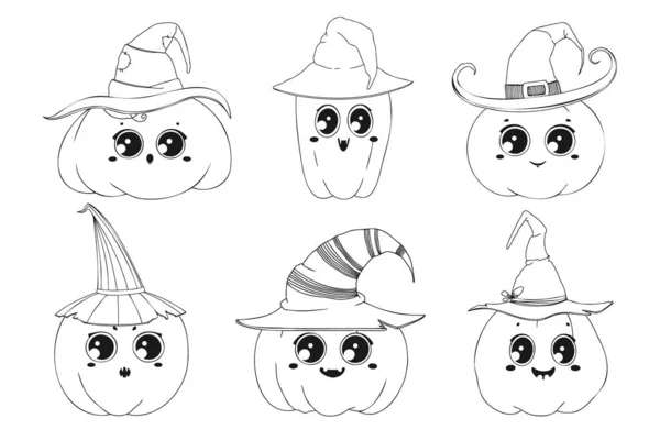 Conjunto Diferentes Calabazas Para Halloween Sombreros Bruja Calabaza Halloween Ilustración — Archivo Imágenes Vectoriales