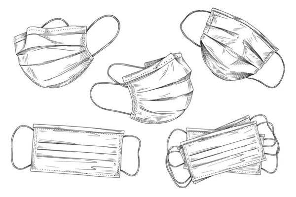 呼吸器疾患 ウイルスを保護する外科的 医療面マスク コロナウイルス 大気汚染からの防衛 下絵風のベクターイラスト — ストックベクタ