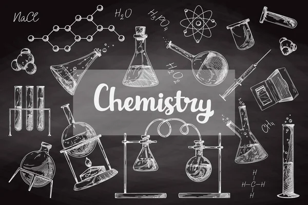 조제약 플라스크 시험관 분필보드에 실험실 물체의 스케치 화학의 — 스톡 벡터