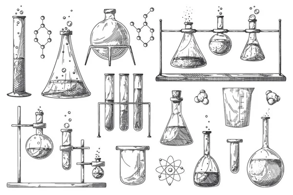 Conjunto Diferentes Matraces Farmacéuticos Vasos Precipitados Tubos Ensayo Bosquejo Objetos — Vector de stock