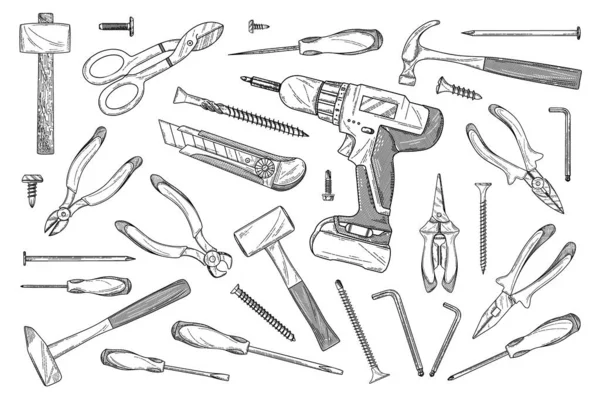 Набор Различных Строительных Инструментов Стиле Эскиза Векторная Иллюстрация — стоковый вектор