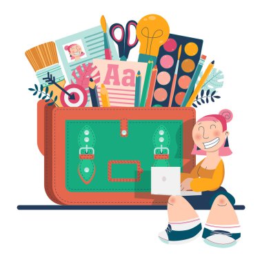 Karakter çizimi genç kadın yaratıcı grafik tasarım çantası farklı araçlar ve dokümanlar ile