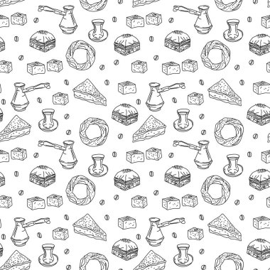 Türk pastanesindeki tatlılar pürüzsüz desenli karalama kahve lukum bahlava keki simit çay