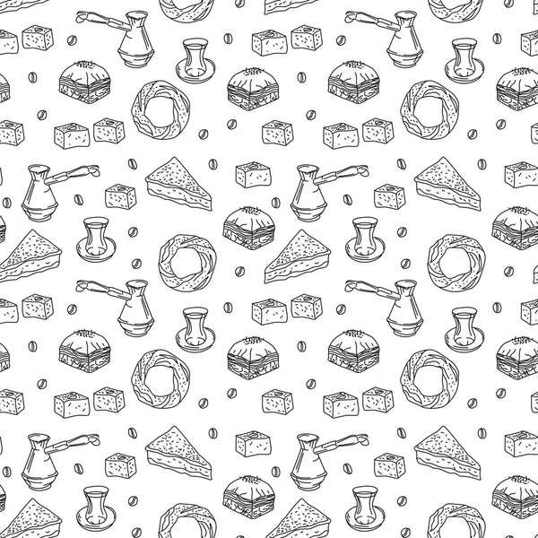 Turkish Bakery Sweets Seamless Pattern Doodle Coffee Lukum Bahlava Cake — стоковий вектор