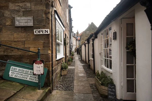 Robin Hood\'s Bay, Yorkshire, United Kingdom - December 05 2022: Picturesque street in the seaside town of Robin Hood Bay.