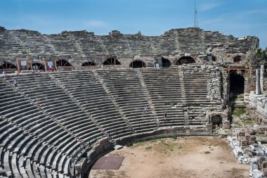 Seats for the audience at the ancient theater of Side, Turkish Riviera.