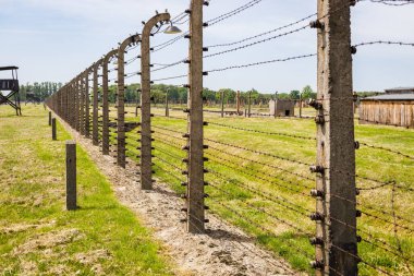 Auschwitz-Birkenau toplama kampının etrafındaki dikenli teller. Oswiecim, Polonya, 16 Mayıs 2022