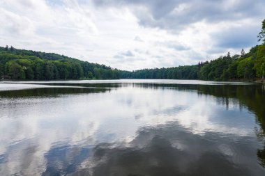 Göllü şehir parkı bulutlu bir gökyüzüne karşı yapay