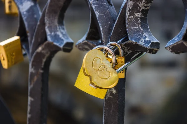 Closeup View Heart Shaped Love Padlock Hanging Bridge Fence — стоковое фото