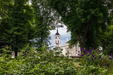 Katedral meydanındaki Vilnius Katedrali 'nin çan kulesi..