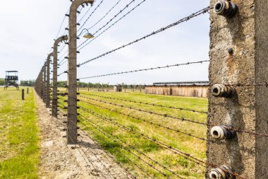 Auschwitz-Birkenau toplama kampının etrafındaki dikenli teller. Oswiecim, Polonya, 16 Mayıs 2022.