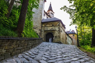 Slovakya 'daki ortaçağ Orava Kalesi' nin avlusuna giriş..
