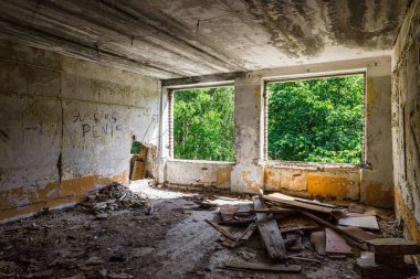 Abandoned secret Soviet Union military ghost town Irbene in Latvia.