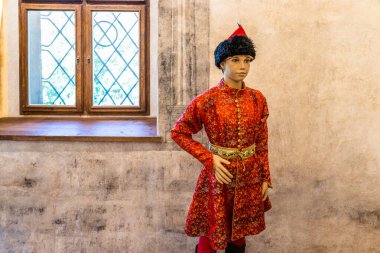 Traditional vintage Slovakian costume. Slovakian national dress ornament. Oravsky Podzamok, Slovakia, 21 July 2022.