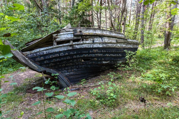 Old abandoned wooden fishing boat in the forest. Boat cemetery near the Baltic sea in Latvia.