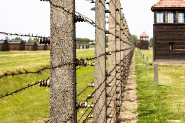 Auschwitz-Birkenau toplama kampının etrafındaki dikenli teller. Oswiecim, Polonya, 16 Mayıs 2022.