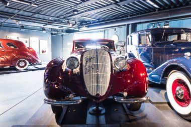 Steyr 220 Glaser Sport Cabrio - Classic retro car. Riga motor museum. Riga, Latvia, 17 August 2022.
