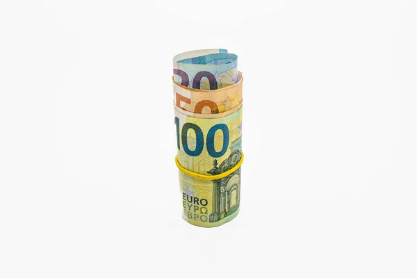 Rolle Der Euroscheine Gummiband Banknoten Einer Geldrolle — Stockfoto