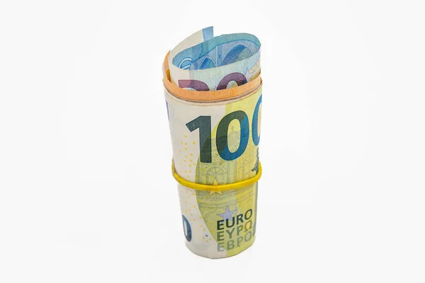 Roll Euro Notes Στην Ελαστική Ζώνη Τραπεζογραμμάτια Της Ρολά Χρήματος — Φωτογραφία Αρχείου