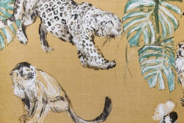 Textielbehang Achtergrond Met Tropische Bladeren Exotische Dieren Stockafbeelding