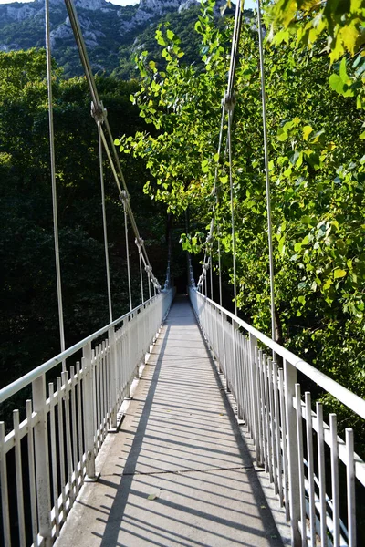 Ponte Suspensa Sobre Rio Pinios Vale Tempi Grécia — Fotografia de Stock