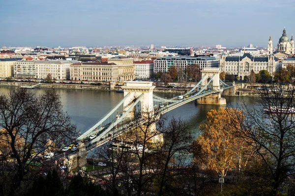 Вид Воздуха Цепной Мост Дунай Будапешт Венгрия — стоковое фото