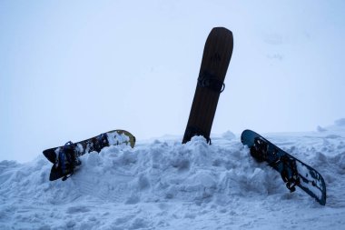 TRANSFAGARASAN YOLU, ROMANIA - 22 Şubat 2020: Karda izole bir zemin üzerinde ağaç snowboard 'ları.