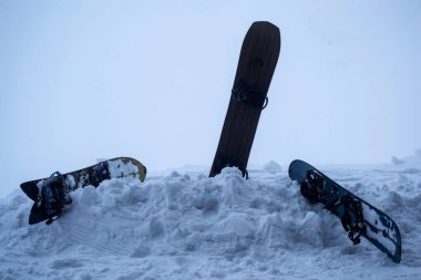 TRANSFAGARASAN YOLU, ROMANIA - 22 Şubat 2020: Karda izole bir zemin üzerinde ağaç snowboard 'ları.