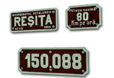 SINAIA, ROMANIA - 8 Şubat 2020: tren müzesi. Resita metalurjik çalışmalarının eski logoları (Combinatul metalurjik Resita), maksimum hızı saatte 80 km (viteza maxima 80 km pe ora).