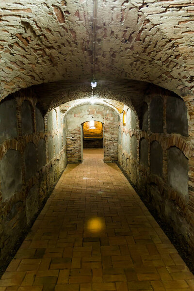 Long old tunnel, brick symmetric tunnel. underground tunnel.