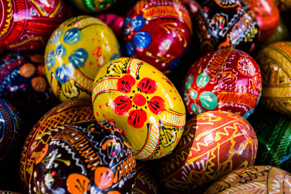 MANASTIREA HUMOR, SUCEAVA, ROMANIA - JUNE 19, 2019: Handmade painted easter eggs from Bucovina, Romania.