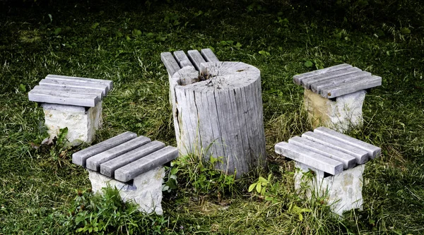 緑の芝生の上に椅子で切り株から作られたテーブル — ストック写真