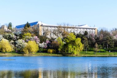 BUCHAREST, ROMANIA - 10 Nisan 2021 Tineretului Parkı, bahar.