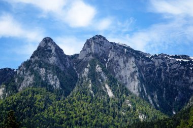 İlkbaharda Karpat dağlarının manzarası. Tepesinde biraz kar var.