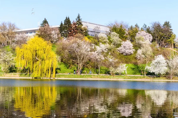 BUCHAREST, ROMANIA - 10 Nisan 2021 Tineretului Parkı, bahar.