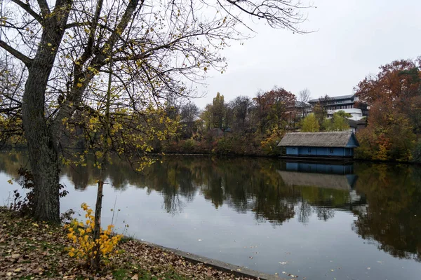 Stary Drewniany Dom Strzechą Skraju Jeziora Jesienny Dzień National Village — Zdjęcie stockowe