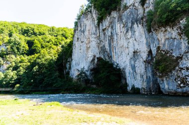 Footbridge 'den Unguru Mare mağarasına ve Crisul Repede nehrine. Apuseni dağları, Bihor, Romanya.