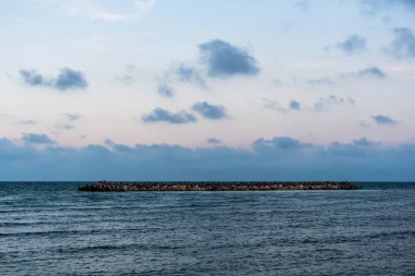 Karadeniz manzarası. Stabilopod 'lar, deniz suyundaki kayalar. Mangalia, Romanya.