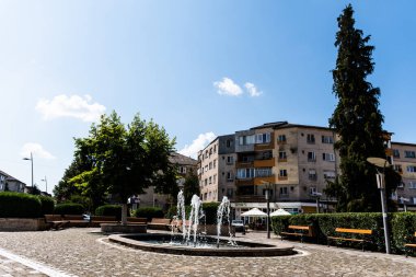 BRAD, HUNEDOARA, ROMANIA - EYLÜL 05, 2021: Brad belediyesinin ortasındaki Artesian çeşmesi.