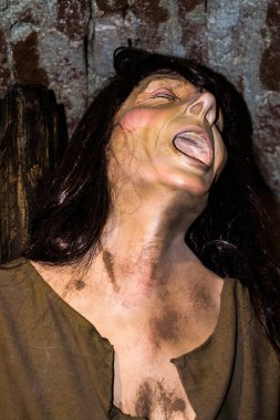 HUNEDOARA, ROMANIA - 11 Eylül 2019: Hunedoara Arkeoloji, Tarih ve Etnografi Müzesi. İşkence ve infaz sergisi