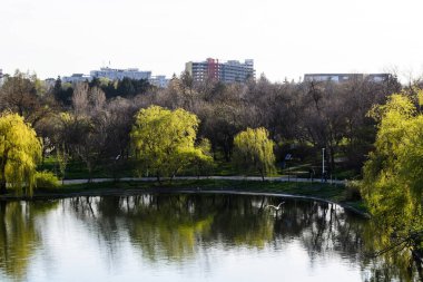 BUCHAREST, ROMANIA - 10 Nisan 2021 Tineretului Parkı, bahar.