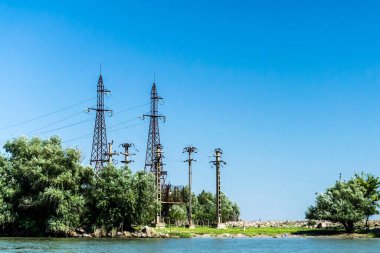 Elektrik kutupları, Tuna Deltası bölgesinde vahşi manzaralar. Romanya.
