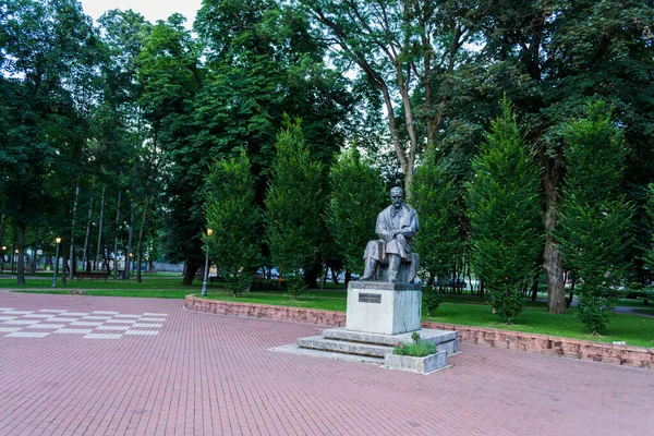 在罗马尼亚比斯特里塔市美丽的城市公园里的乔治 科斯布克诗人雕像 — 图库照片