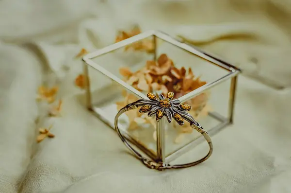 Juveler Med Silver Vit Bakgrund Med Torra Blommor Smyckeskrin Glas — Stockfoto