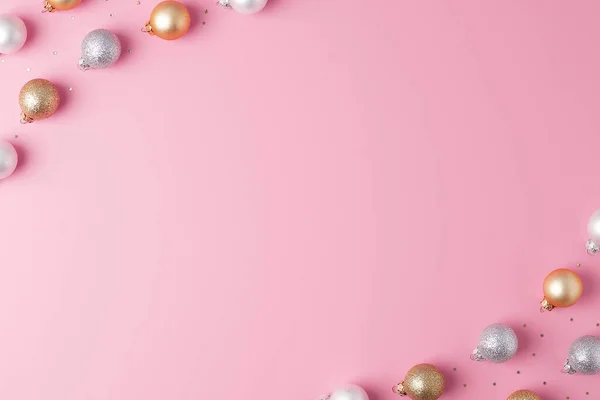 Christmas Pink Minimal Background Grey Beige Ball Confetti Flat Lay — Stock Photo, Image