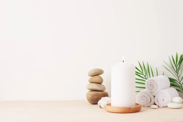 Spa Treatment Candles Towel Stones White Background Close Copy Space — Stock Photo, Image