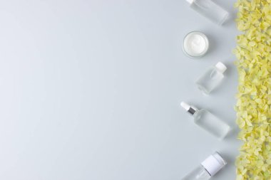 Gri arka planda çiçekli kozmetik cilt bakım ürünleri. Düz yat, boşluğu kopyala