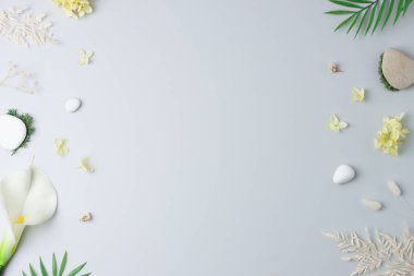 Çiçekli kozmetik arka plan, gri üzerine yosun ve taş. Düz yat, boşluğu kopyala