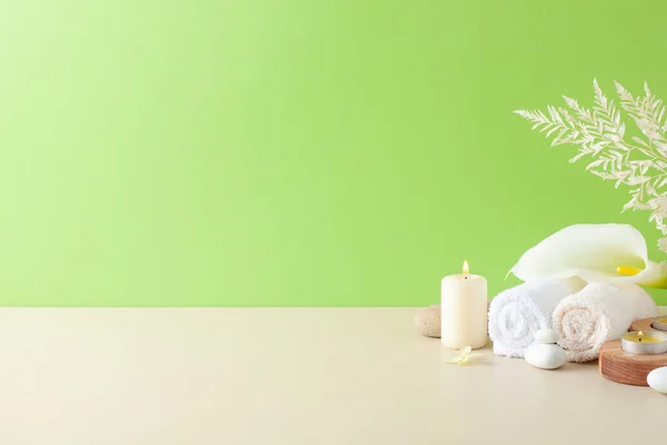 Spa Treatment Candles Towel Flowers Green Background Close Copy Space — Stock Photo, Image