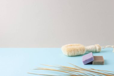 Gri arka planda palmiye yaprağı olan fırça ve sabun. Kapat, boşluğu kopyala